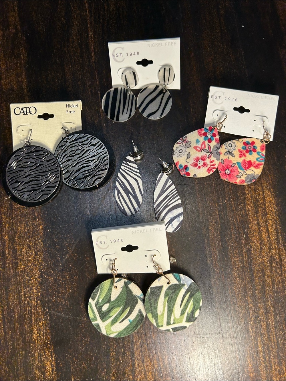 Set of 5 variety earrings. Bright flowery, Black Zebra-Print Round Drop Earrings